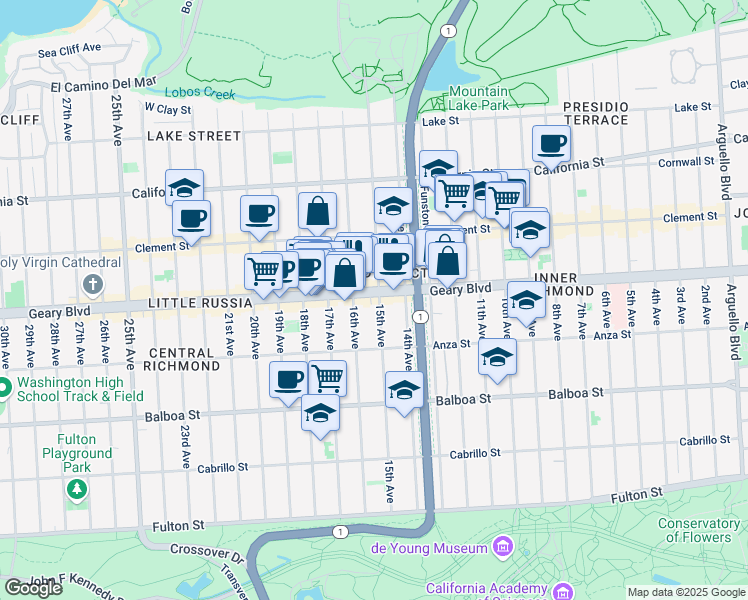 map of restaurants, bars, coffee shops, grocery stores, and more near 411 15th Avenue in San Francisco