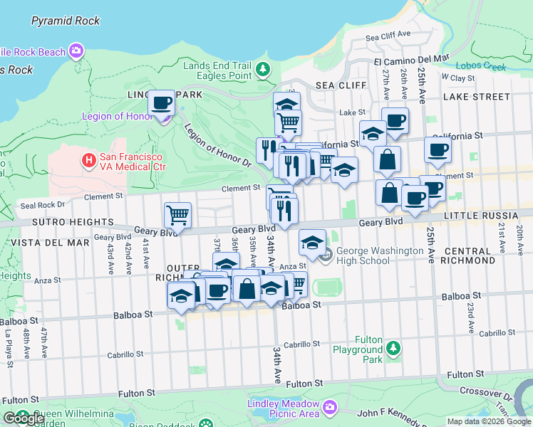 map of restaurants, bars, coffee shops, grocery stores, and more near 455 34th Avenue in San Francisco