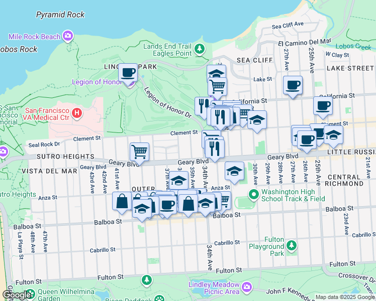 map of restaurants, bars, coffee shops, grocery stores, and more near 455 35th Avenue in San Francisco