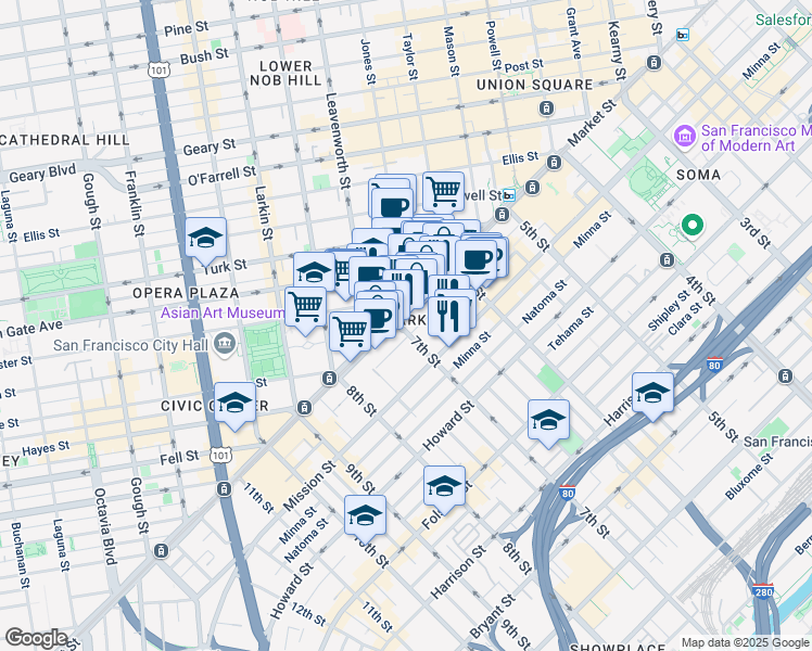 map of restaurants, bars, coffee shops, grocery stores, and more near 1095 Market Street in San Francisco