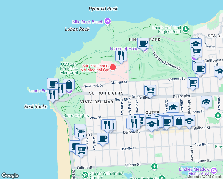 map of restaurants, bars, coffee shops, grocery stores, and more near 424 44th Avenue in San Francisco