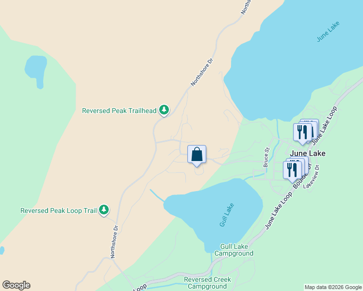 map of restaurants, bars, coffee shops, grocery stores, and more near 124 Mountain Vista Drive in June Lake