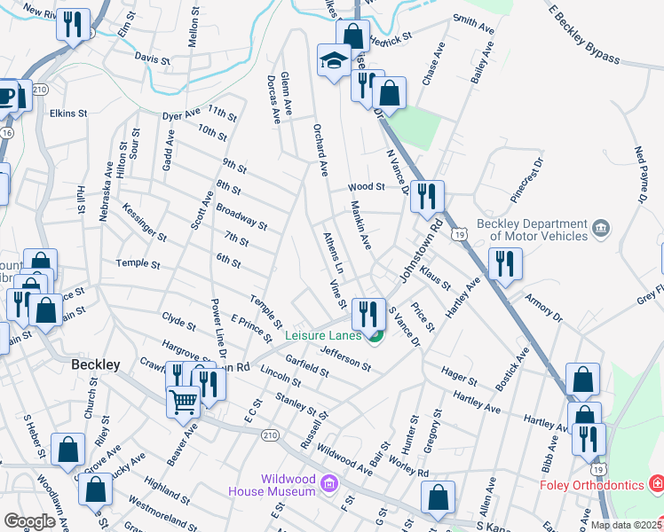 map of restaurants, bars, coffee shops, grocery stores, and more near 211 Vine Street in Beckley