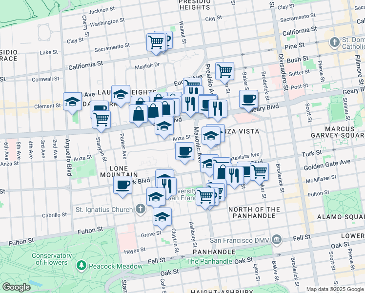 map of restaurants, bars, coffee shops, grocery stores, and more near 126 Ewing Terrace in San Francisco