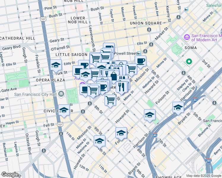 map of restaurants, bars, coffee shops, grocery stores, and more near 1095 Market Street in San Francisco
