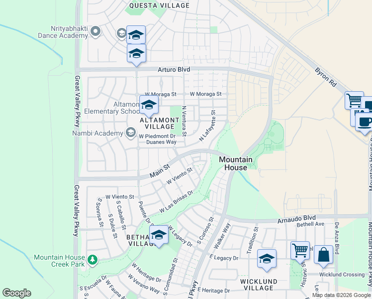 map of restaurants, bars, coffee shops, grocery stores, and more near 315 Alameda Drive in Mountain House