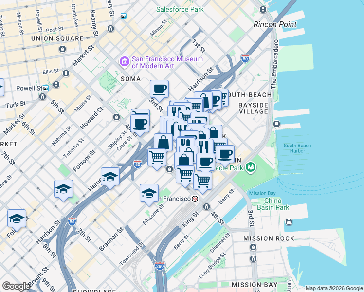 map of restaurants, bars, coffee shops, grocery stores, and more near 550 3rd Street in San Francisco