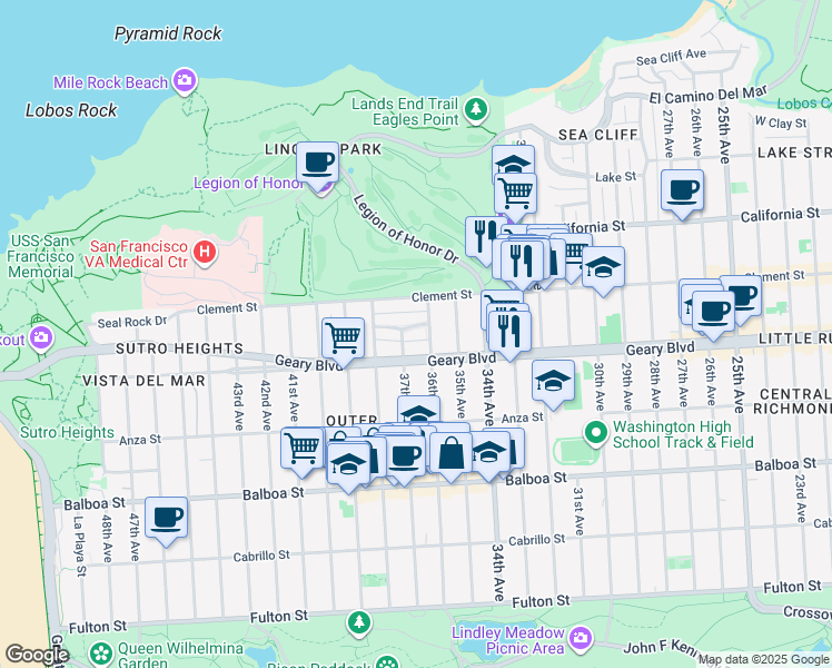map of restaurants, bars, coffee shops, grocery stores, and more near 39 Shore View Avenue in San Francisco