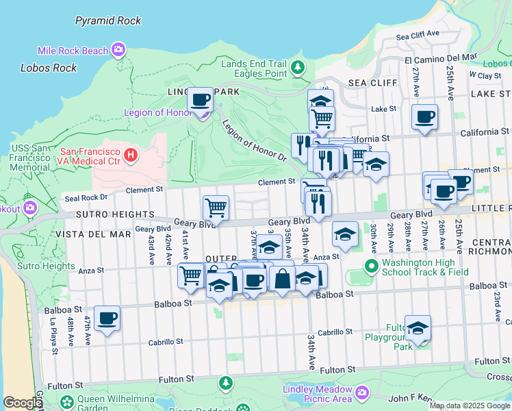 map of restaurants, bars, coffee shops, grocery stores, and more near 39 Shore View Avenue in San Francisco