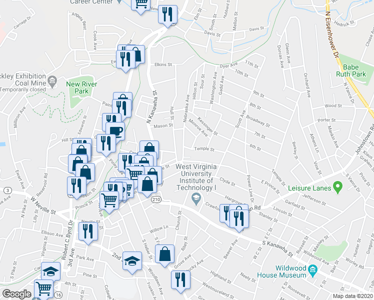 map of restaurants, bars, coffee shops, grocery stores, and more near 102 Temple Street in Beckley