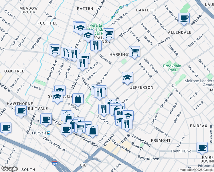 map of restaurants, bars, coffee shops, grocery stores, and more near 1993 38th Avenue in Oakland