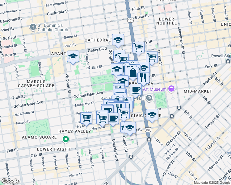 map of restaurants, bars, coffee shops, grocery stores, and more near 745 Gough Street in San Francisco