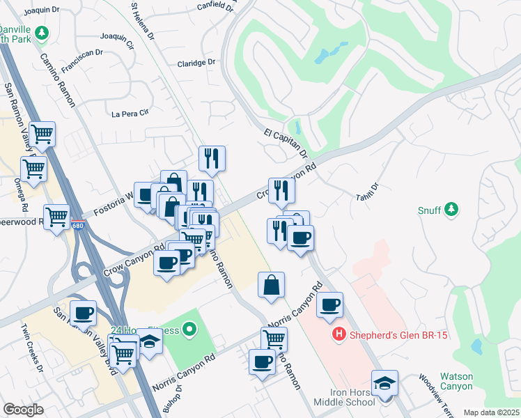 map of restaurants, bars, coffee shops, grocery stores, and more near 3401 Crow Canyon Road in San Ramon