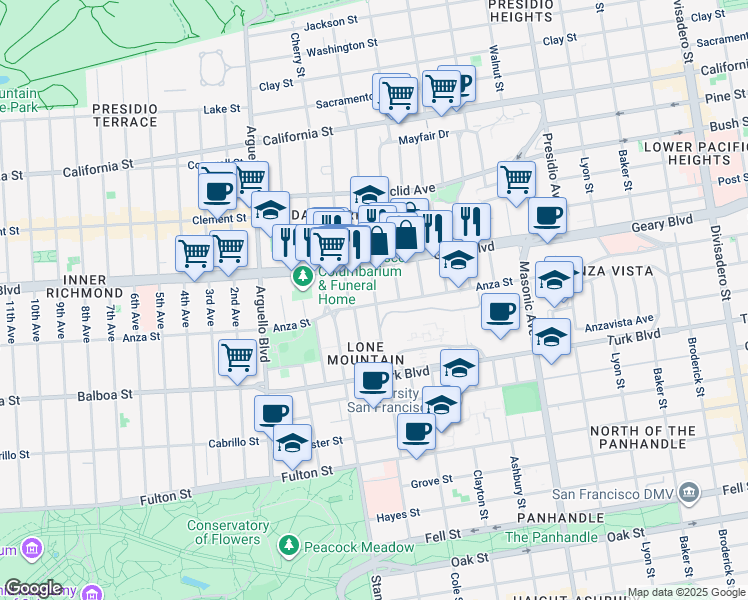 map of restaurants, bars, coffee shops, grocery stores, and more near 293 Parker Avenue in San Francisco