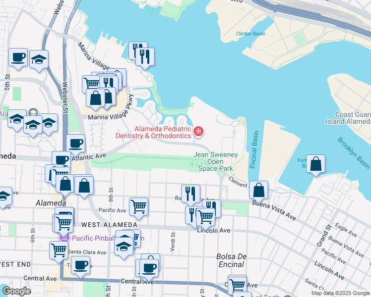 map of restaurants, bars, coffee shops, grocery stores, and more near 1010 Atlantic Avenue in Alameda