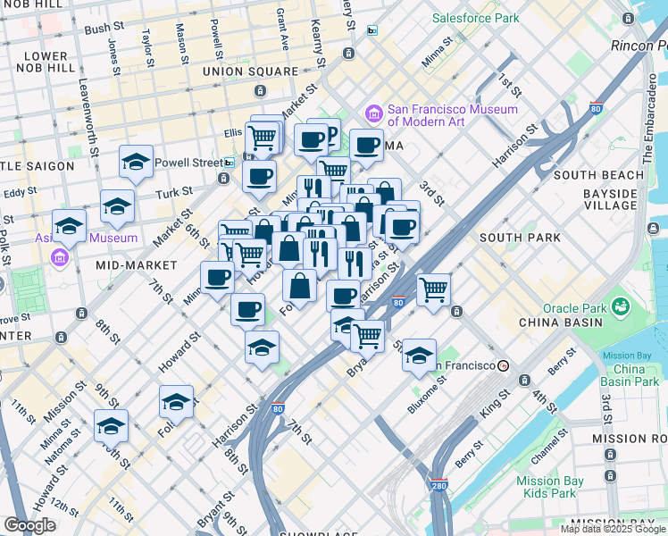 map of restaurants, bars, coffee shops, grocery stores, and more near 893B Folsom Street in San Francisco