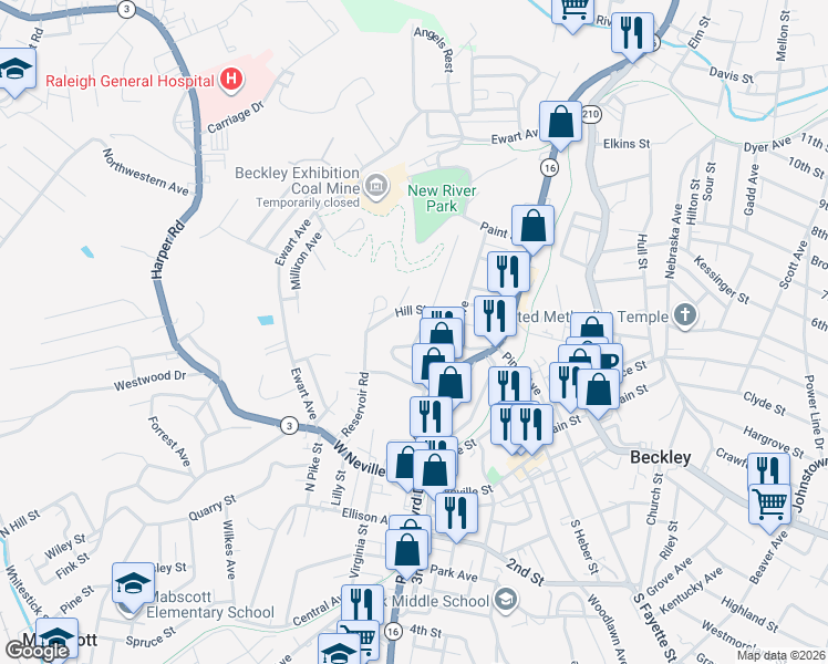 map of restaurants, bars, coffee shops, grocery stores, and more near 106 Edwards St in Beckley