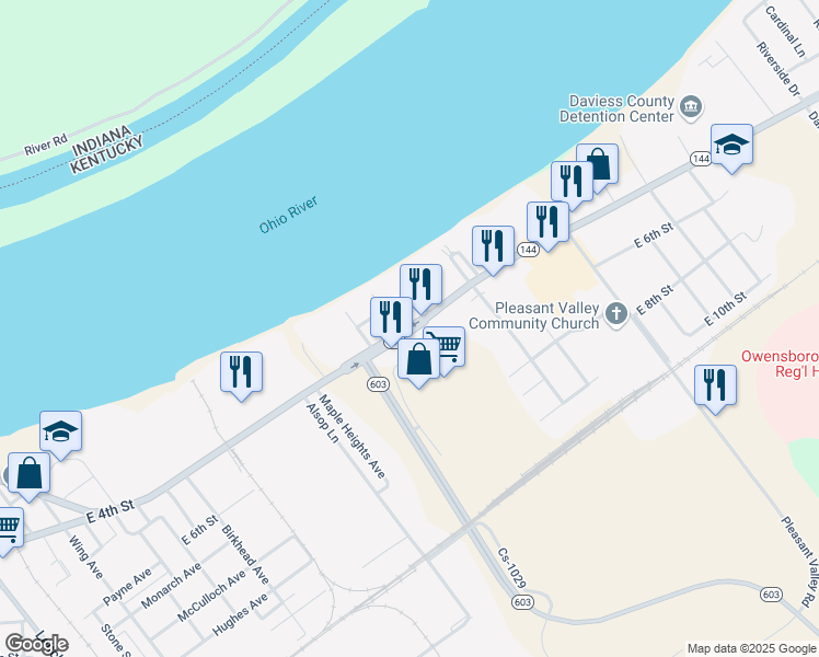 map of restaurants, bars, coffee shops, grocery stores, and more near East 4th Street in Owensboro