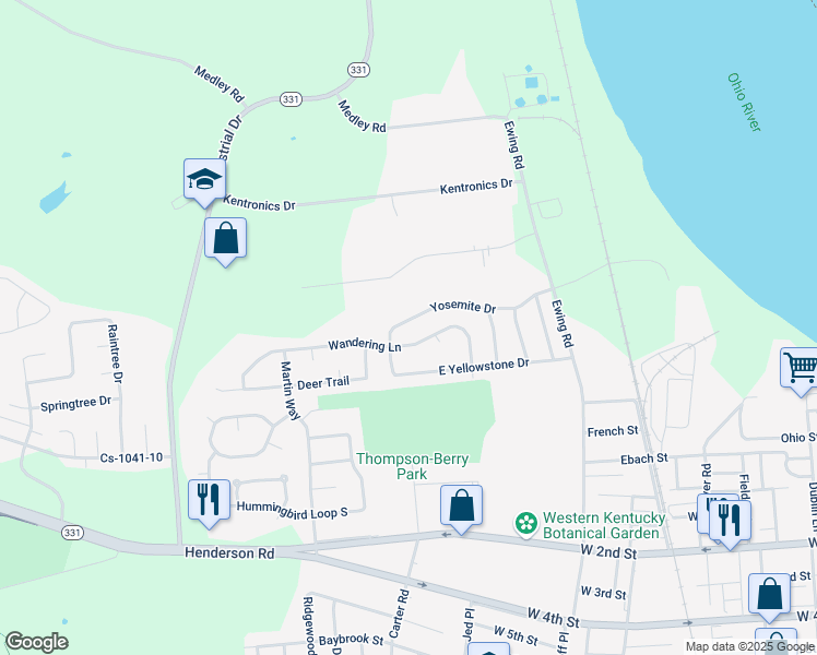 map of restaurants, bars, coffee shops, grocery stores, and more near 3018 Yosemite Drive in Owensboro