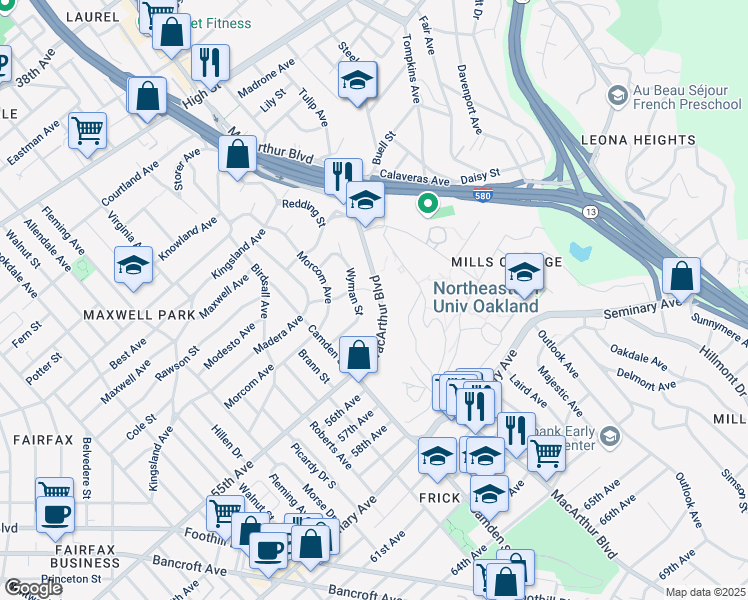 map of restaurants, bars, coffee shops, grocery stores, and more near 5219 MacArthur Boulevard in Oakland