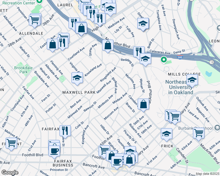 map of restaurants, bars, coffee shops, grocery stores, and more near 3121 Rawson Street in Oakland