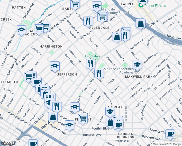 map of restaurants, bars, coffee shops, grocery stores, and more near 2360 High Street in Oakland