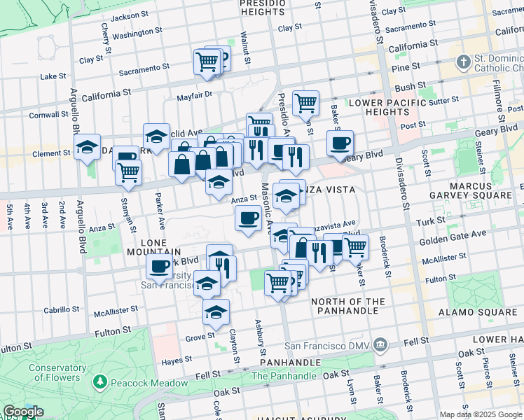 map of restaurants, bars, coffee shops, grocery stores, and more near 149 Masonic Avenue in San Francisco