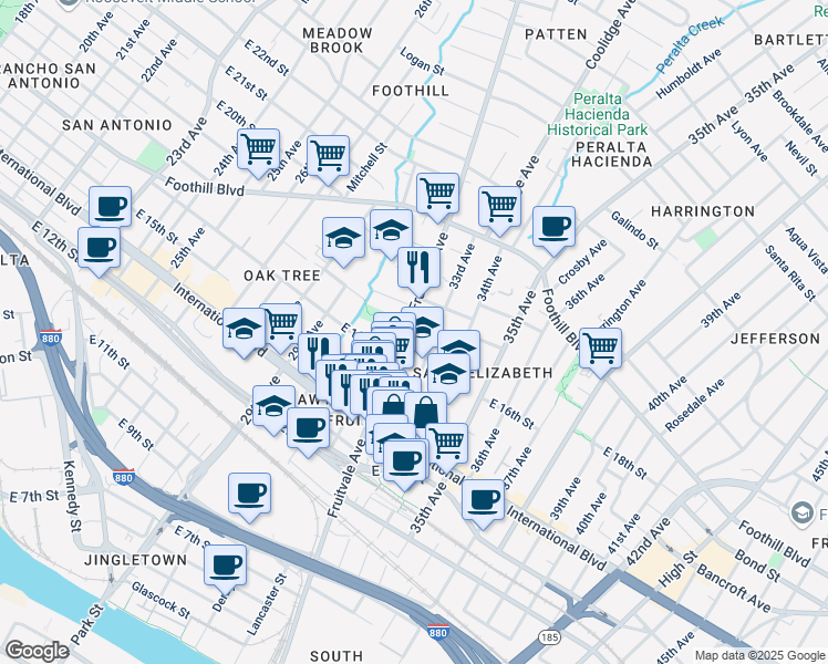 map of restaurants, bars, coffee shops, grocery stores, and more near 1606 Fruitvale Ave in Oakland