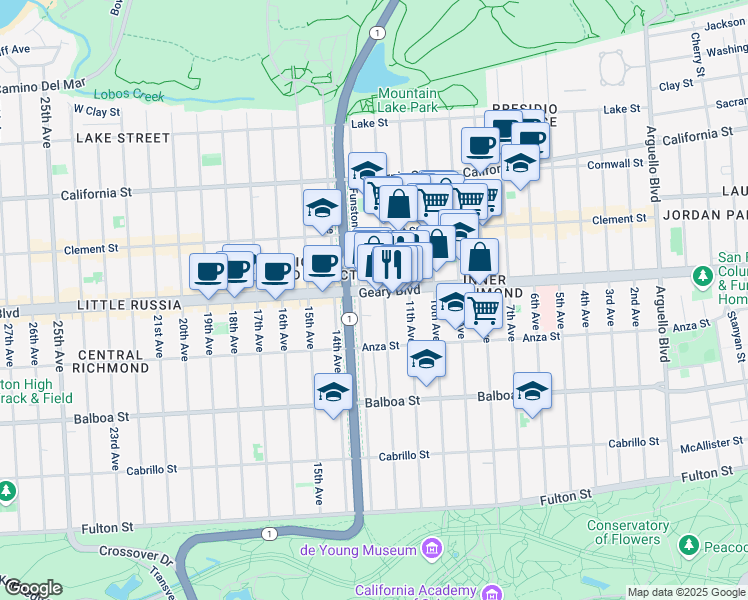 map of restaurants, bars, coffee shops, grocery stores, and more near 4751 Geary Boulevard in San Francisco