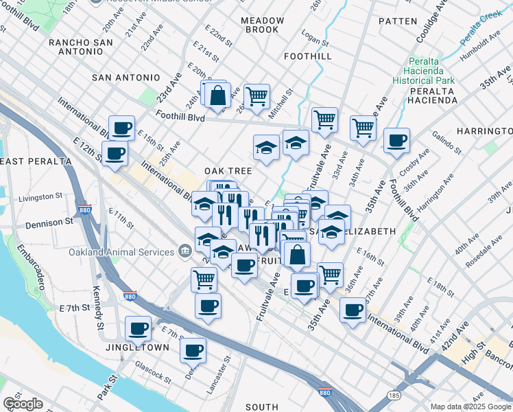 map of restaurants, bars, coffee shops, grocery stores, and more near 1534 29th Avenue in Oakland