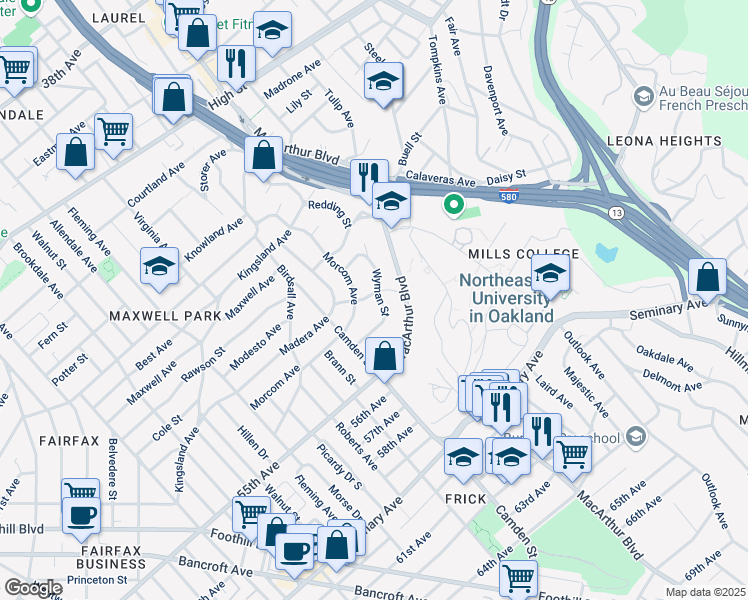 map of restaurants, bars, coffee shops, grocery stores, and more near 3432 Simmons Street in Oakland