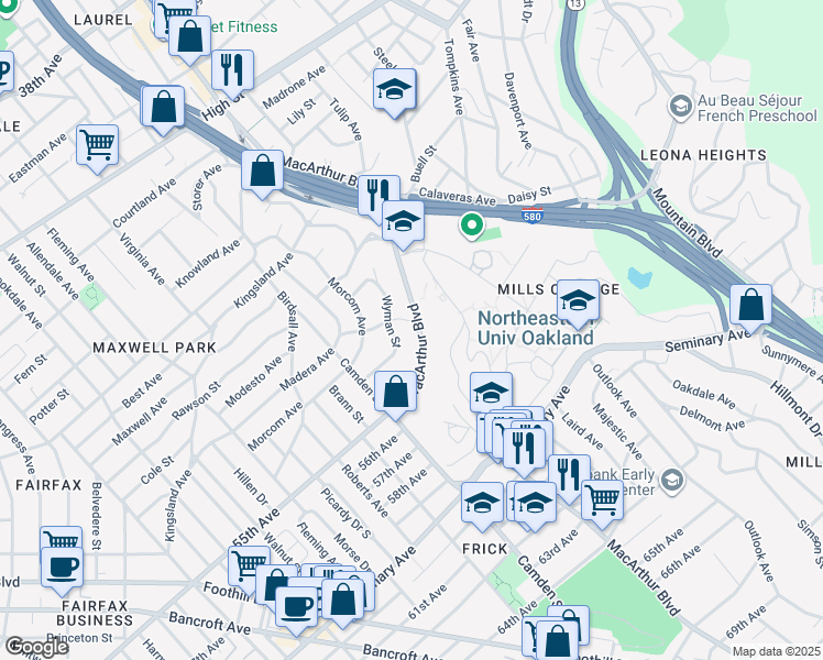 map of restaurants, bars, coffee shops, grocery stores, and more near 5219 MacArthur Boulevard in Oakland