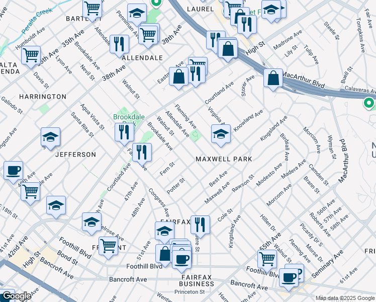 map of restaurants, bars, coffee shops, grocery stores, and more near 4634 Walnut Street in Oakland