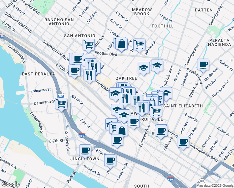 map of restaurants, bars, coffee shops, grocery stores, and more near 1404 Mitchell Street in Oakland