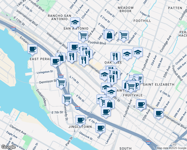map of restaurants, bars, coffee shops, grocery stores, and more near 2647 International Boulevard in Oakland