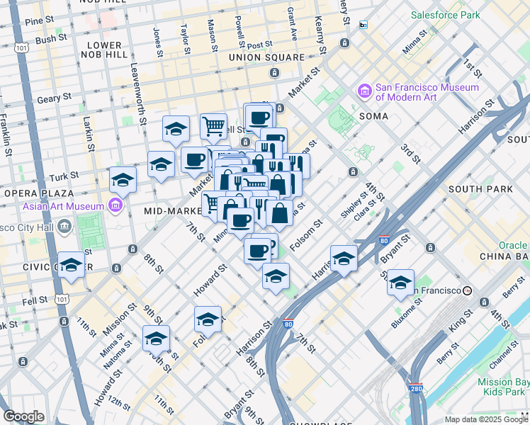 map of restaurants, bars, coffee shops, grocery stores, and more near in San Francisco