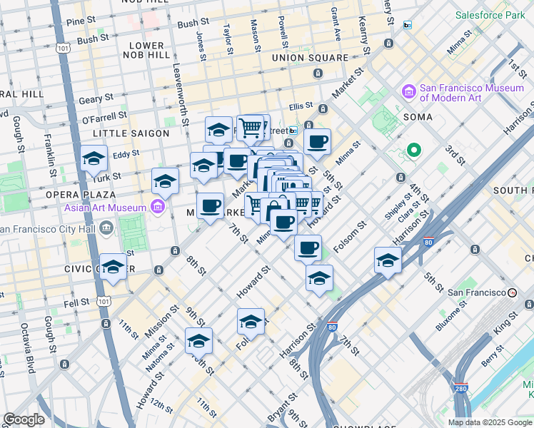 map of restaurants, bars, coffee shops, grocery stores, and more near 1013 Mission Street in San Francisco