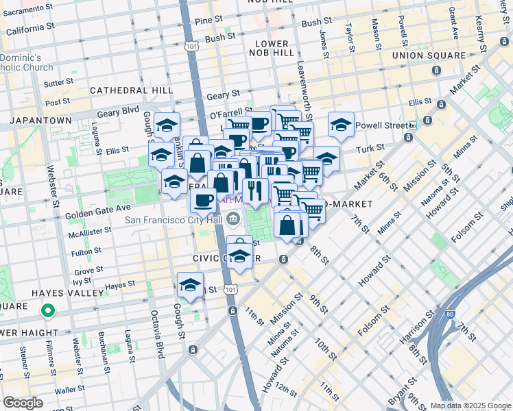 map of restaurants, bars, coffee shops, grocery stores, and more near 401 Golden Gate Avenue in San Francisco