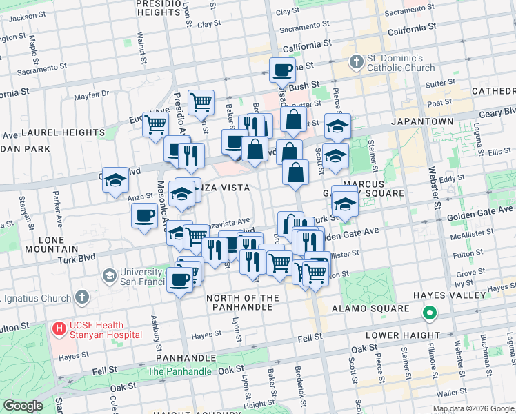 map of restaurants, bars, coffee shops, grocery stores, and more near 995 Baker Street in San Francisco