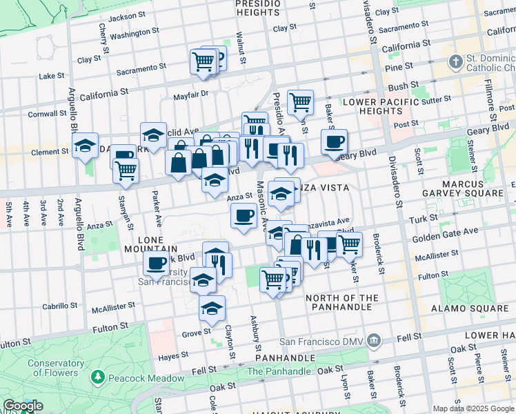 map of restaurants, bars, coffee shops, grocery stores, and more near 126 Ewing Terrace in San Francisco