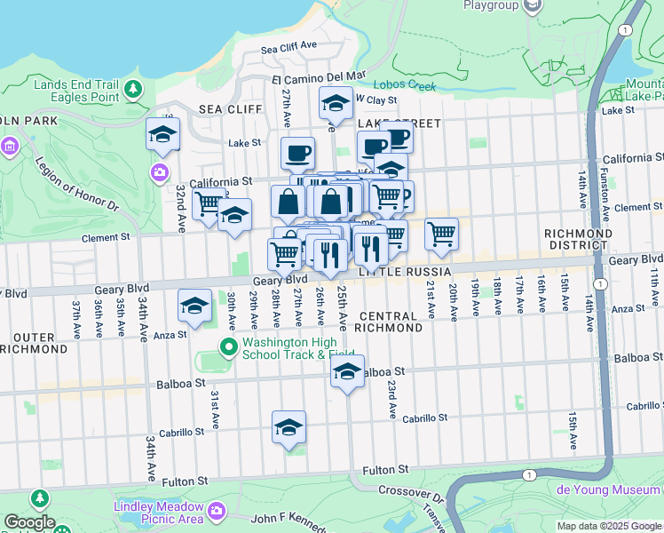 map of restaurants, bars, coffee shops, grocery stores, and more near 478 26th Avenue in San Francisco