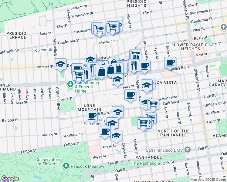 map of restaurants, bars, coffee shops, grocery stores, and more near 397 Anza Street in San Francisco