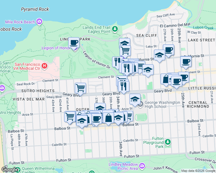 map of restaurants, bars, coffee shops, grocery stores, and more near 459 35th Avenue in San Francisco
