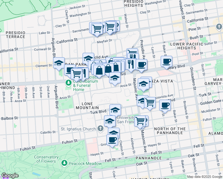 map of restaurants, bars, coffee shops, grocery stores, and more near 367 Anza Street in San Francisco