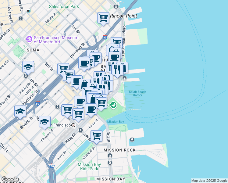 map of restaurants, bars, coffee shops, grocery stores, and more near 46 King Street in San Francisco