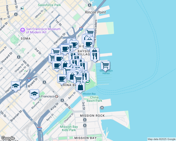 map of restaurants, bars, coffee shops, grocery stores, and more near 46 King Street in San Francisco