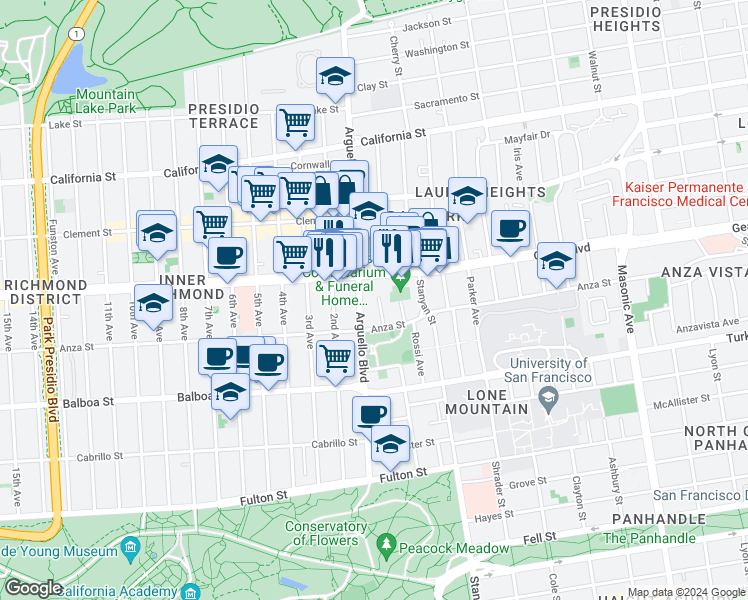 map of restaurants, bars, coffee shops, grocery stores, and more near 15 Almaden Court in San Francisco