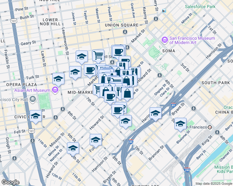 map of restaurants, bars, coffee shops, grocery stores, and more near in San Francisco