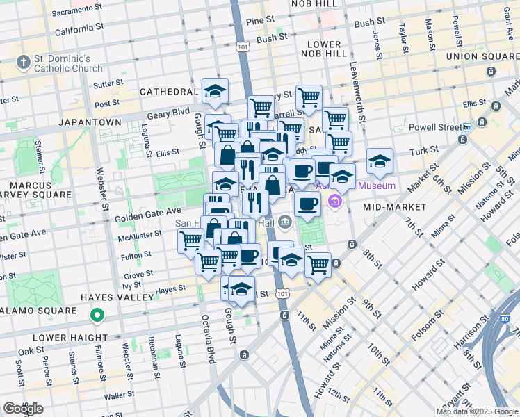 map of restaurants, bars, coffee shops, grocery stores, and more near 505 Van Ness Avenue in San Francisco