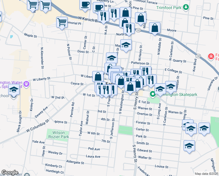 map of restaurants, bars, coffee shops, grocery stores, and more near 1 South Franklin Street in Farmington